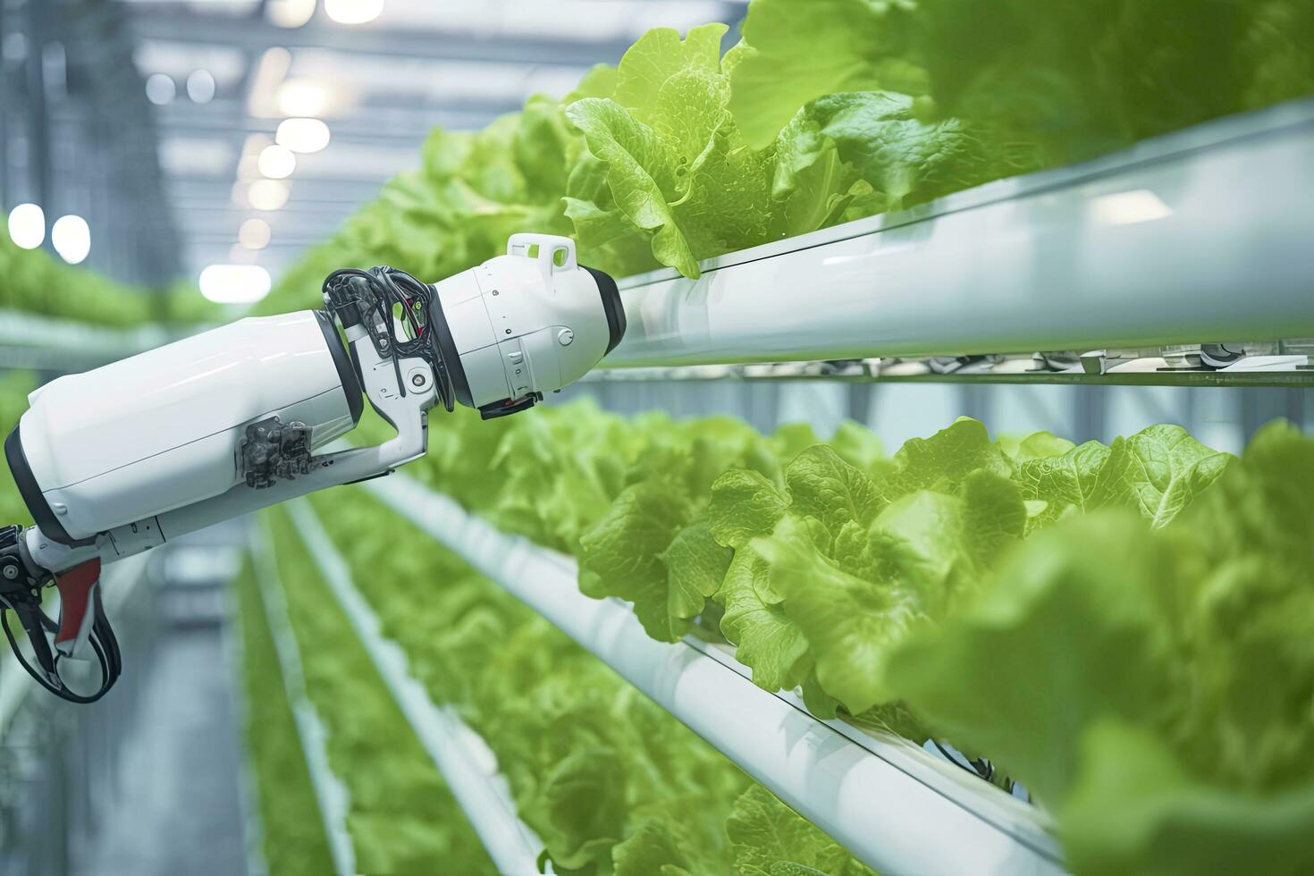 AI generated Automatic Agricultural Technology With Close-up View Of Robotic Arm Harvesting Lettuce In Vertical Hydroponic Plant. AI Generated photo