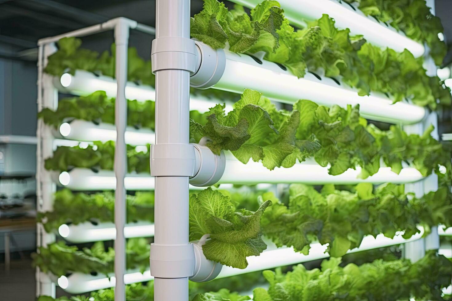 AI generated Vertical Hydroponic Plant System With Cultivated Lettuces. AI Generated photo