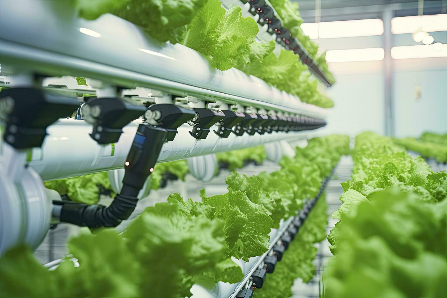 AI generated Automatic Agricultural Technology With Close-up View Of Robotic Arm Harvesting Lettuce In Vertical Hydroponic Plant. AI Generated photo