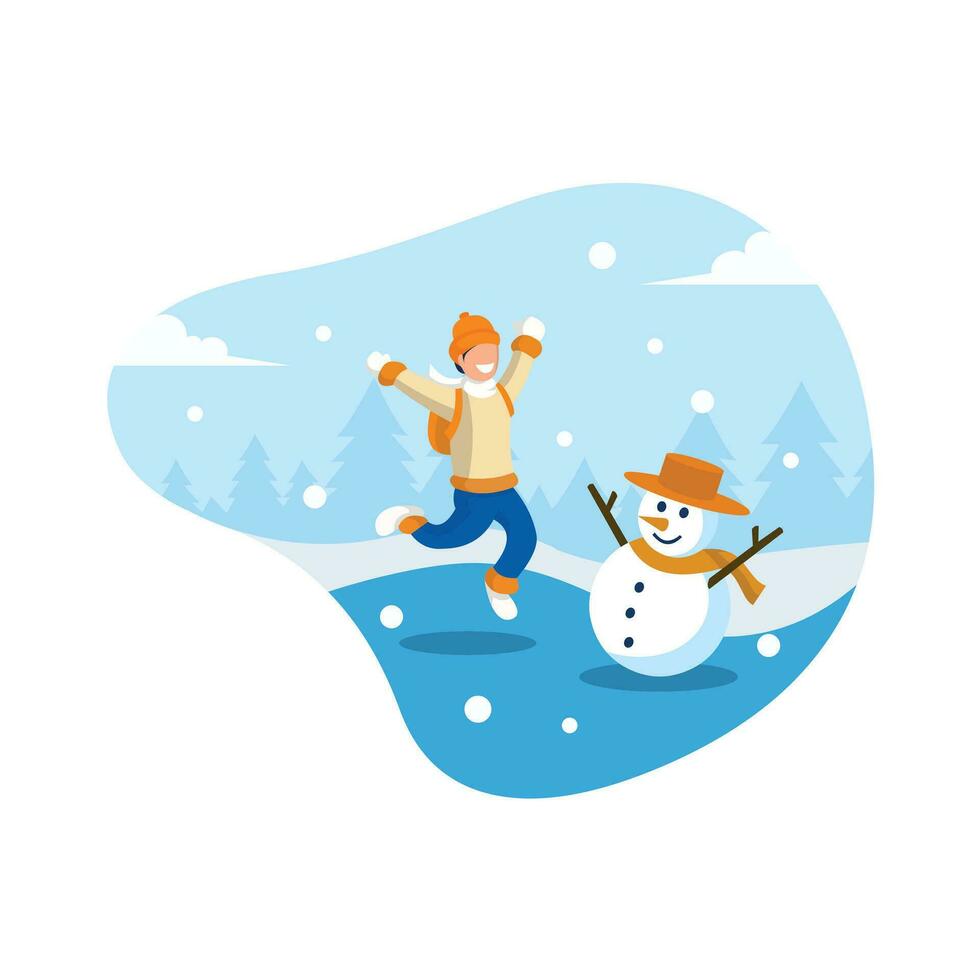 Winter Holiday Vector Illustration. Flat Design of Happy Man Jumping in Snow Winter Background