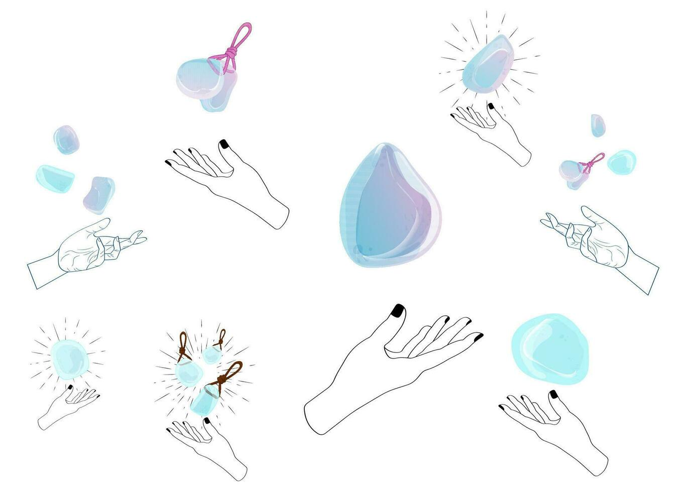 Set of Medicinal Quartz Crystals in a Outline Hand at White Background vector