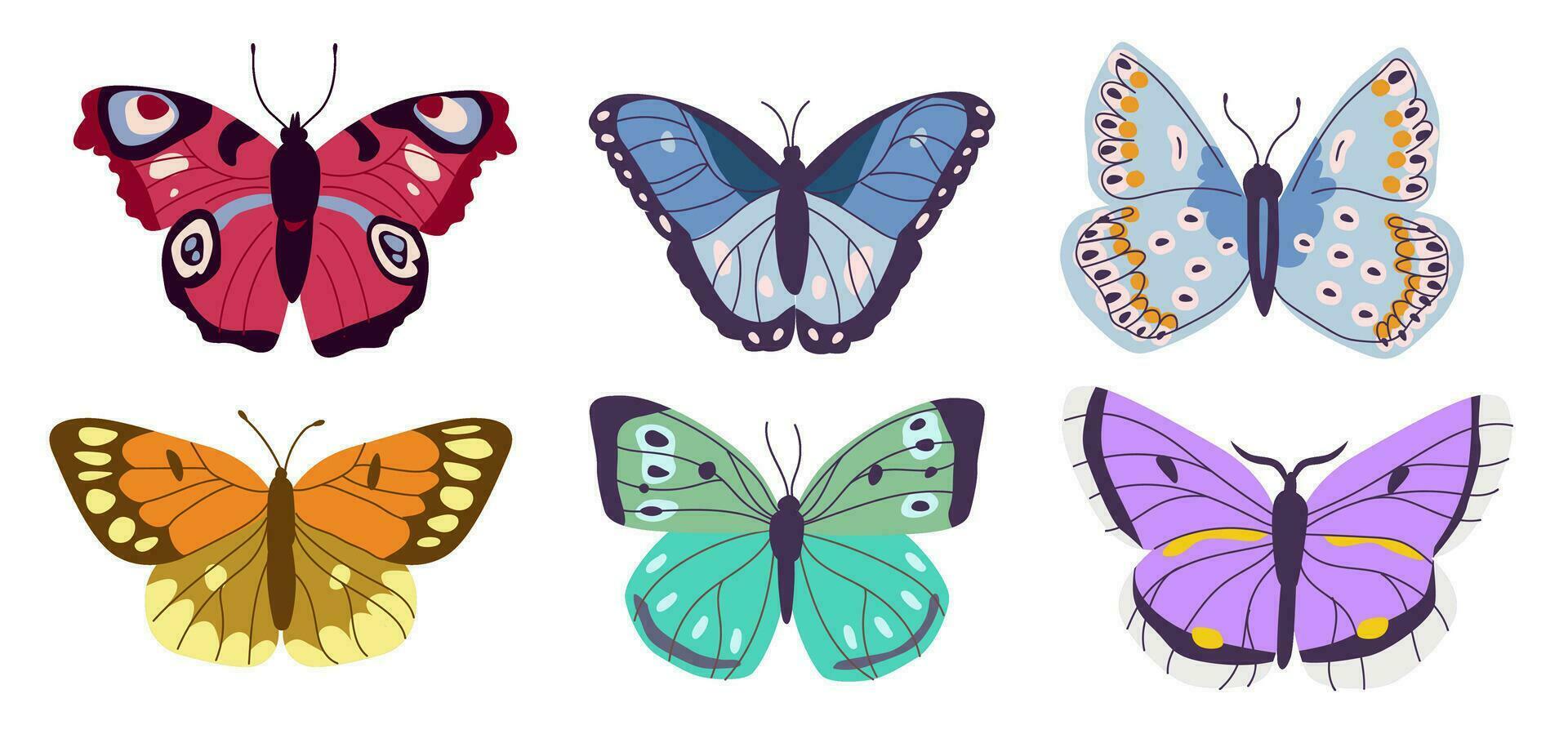Colorful hand-drawn butterflies set. Decorative flying insects with colorful wings. Vector illustration.
