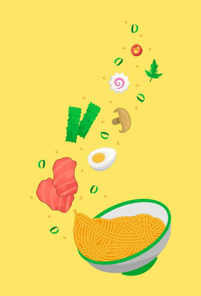 ramen sopa con carne, huevo, hongos, kamaboko, pimienta, nori y fideos. asiático instante fideos, pasta o espaguetis. tradicional japonés, chino alimento. modelo para póster, menú, tarjeta, anuncio vector