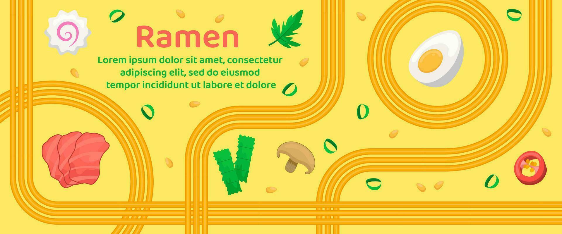 Ramen soup with meat, egg, mushrooms, kamaboko, pepper, nori and geometric wavy lines of noodles. Asian instant noodle, pasta and spaghetti. Japanese, Chinese wavy template for banner, menu, card, ad vector