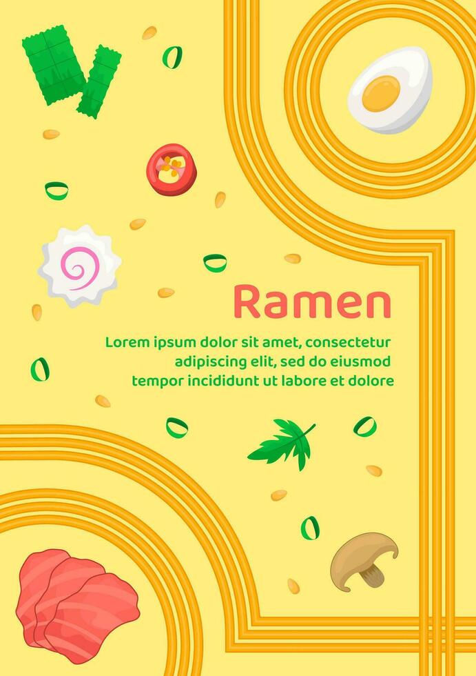 Ramen soup with meat, egg, mushrooms, kamaboko, pepper, nori and geometric wavy lines of noodles. Asian instant noodle, pasta or spaghetti. Japanese, Chinese wavy template for poster, menu, card, ad vector