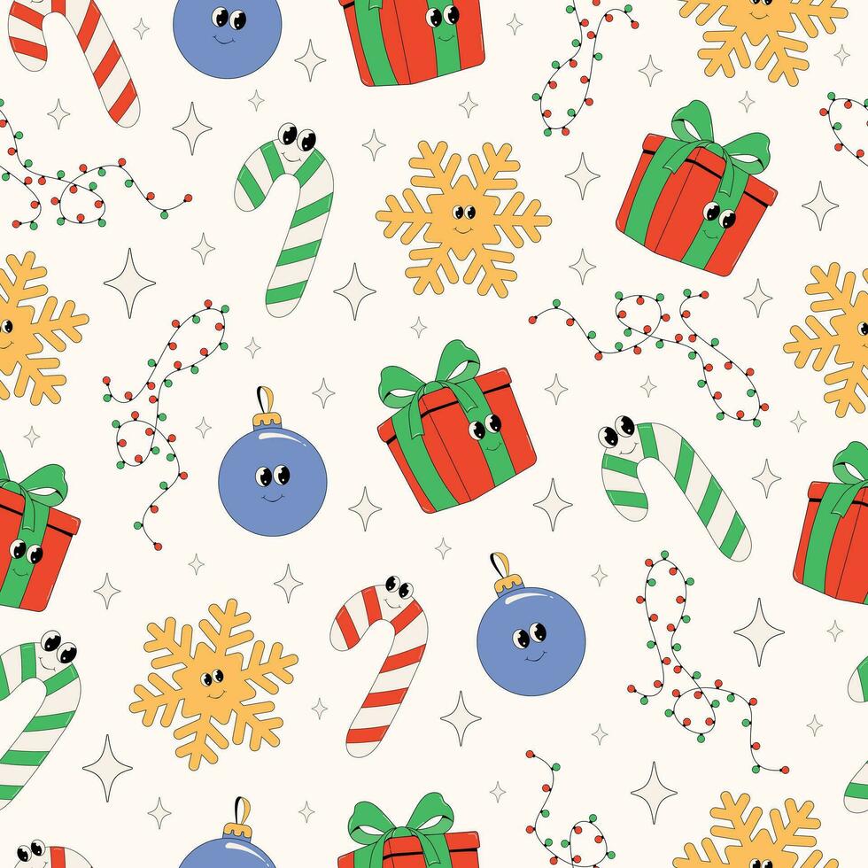 Funny Groovy Merry Christmas seamless pattern in trendy retro cartoon style.Red Christmas gift box,Christmas ball,Christmas snowflake,Christmas candy in trendy retro cartoon style.70s Vibes groovy vector