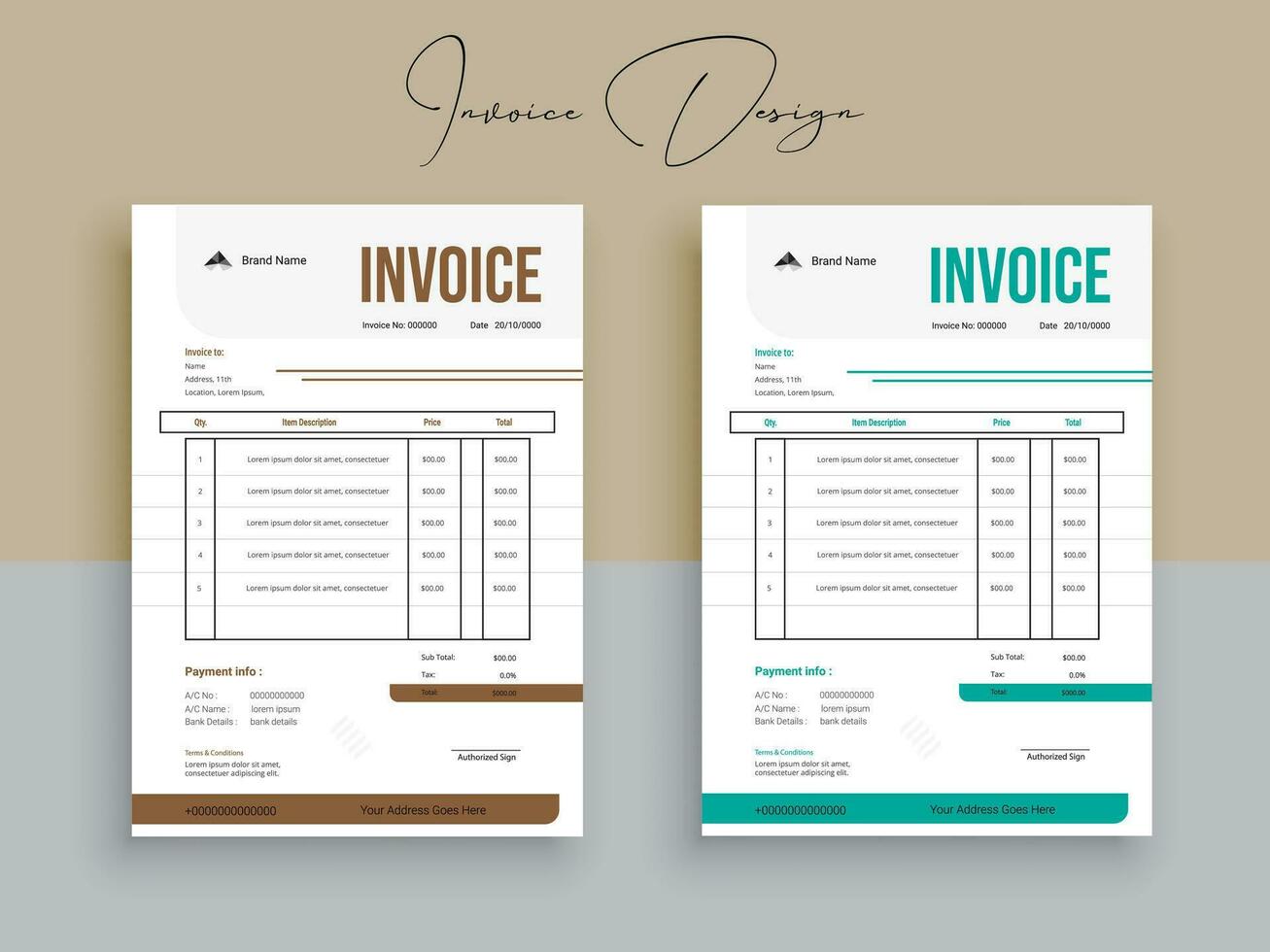 2 Color Variation Invoice Design. Business invoice form template. Invoicing quotes, money bills or pricelist and payment agreement design templates. Tax form,  bill graphic or payment receipt. vector