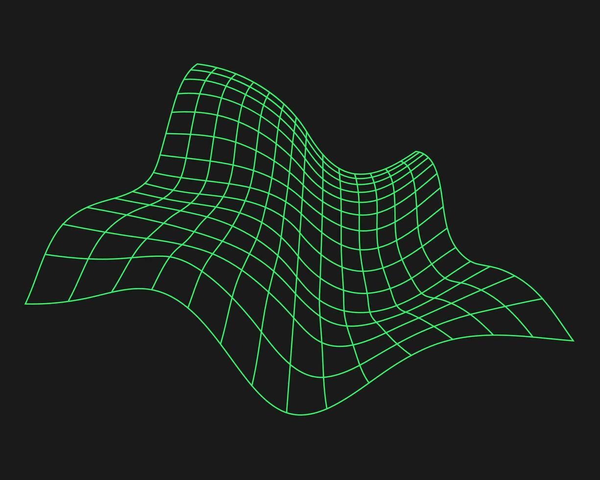 Distorted cyber grid. Cyberpunk geometry element y2k style. Isolated green mesh on black background. Vector fashion illustration.