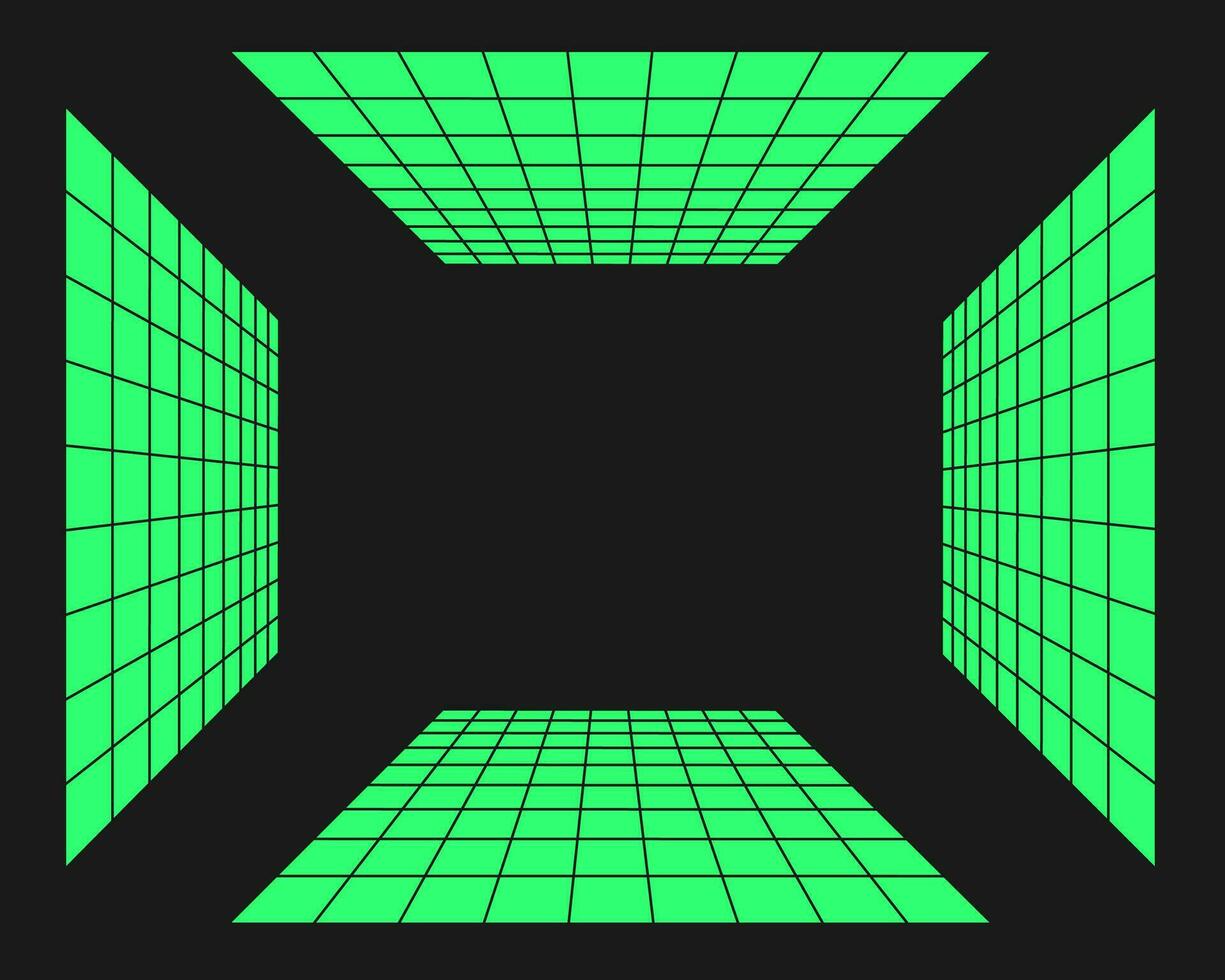 Cyberpunk perspective tunnel. Cyber geometry y2k element. Isolated style on black background. Vector trendy illustration.