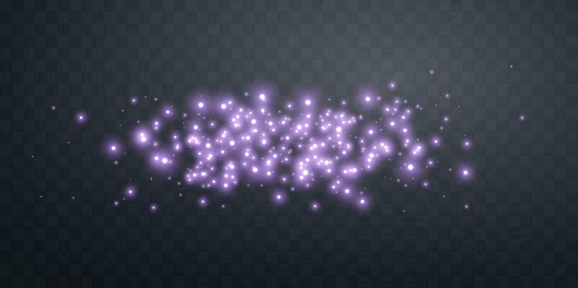 Purple magic sparks and dust stars. Purple glow flare light effect. Christmas light effect. vector