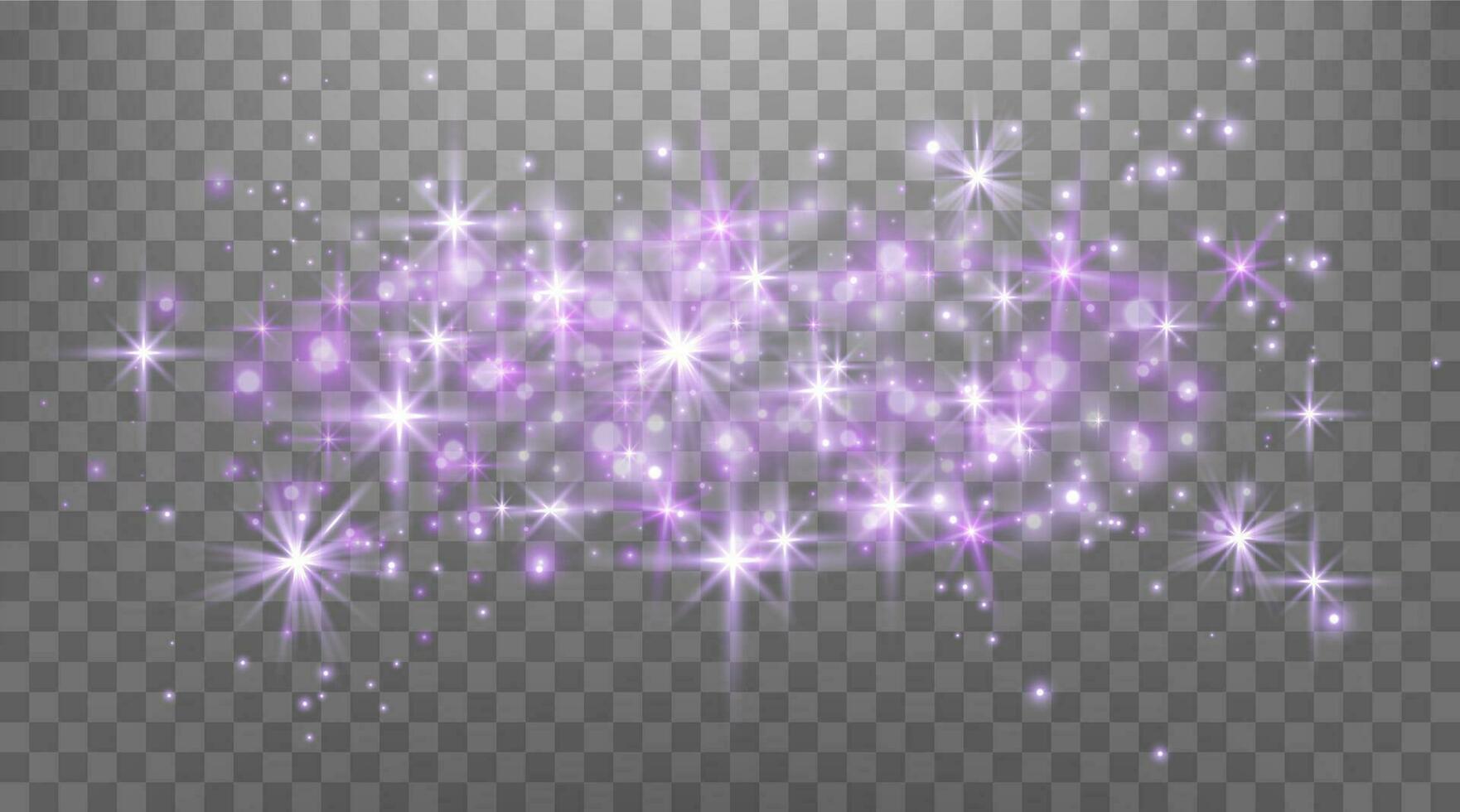 Purple magic sparks and dust stars. Purple glow flare light effect. Christmas light effect. vector