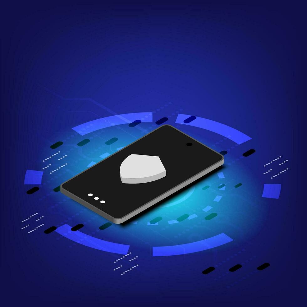 Mobile security vector illustration. Protective smartphone and shield. Internet security. Cyber attack on smartphone. Isometric style. Antivirus application. Vector illustration isometric