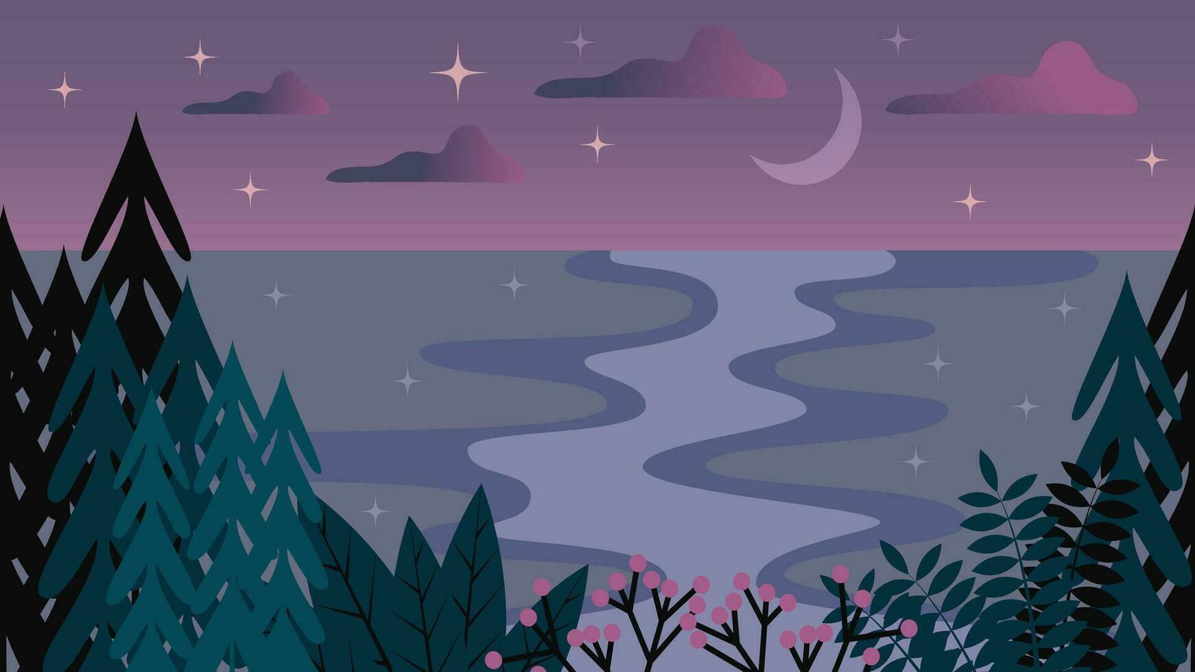 Vector simple night landscape with forest, river and moon.
