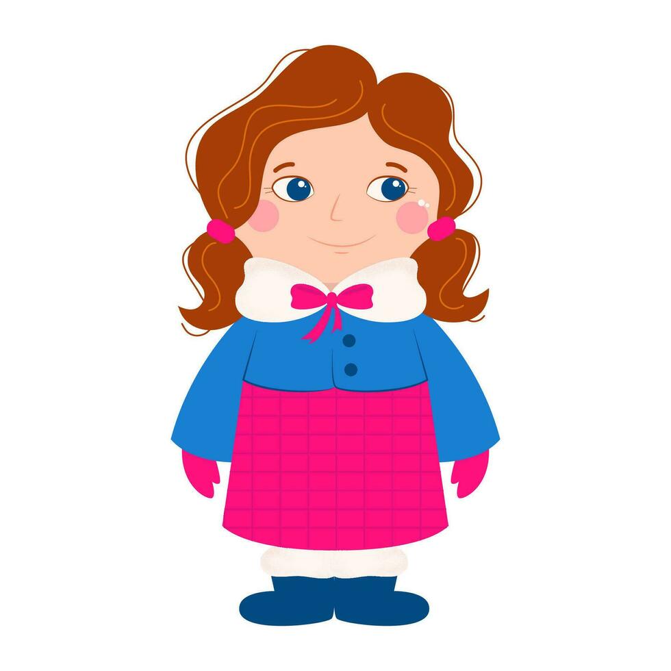 Vector cute doll with hair braided in two ponytails, dressed in blue coat and pink checkered skirt, boots with fluff. Childrens cartoon character in winter clothes.