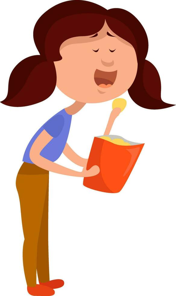 Girl eating chips, illustration, vector on white background