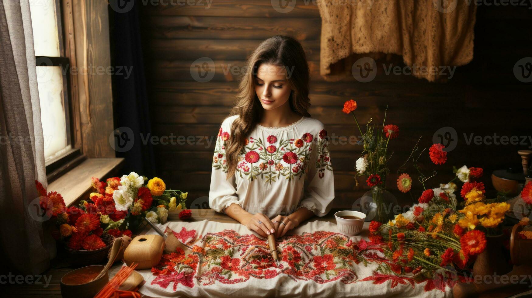 AI generated Woman embroidering shirt with red thread at wooden table. Ukrainian national clothes. photo