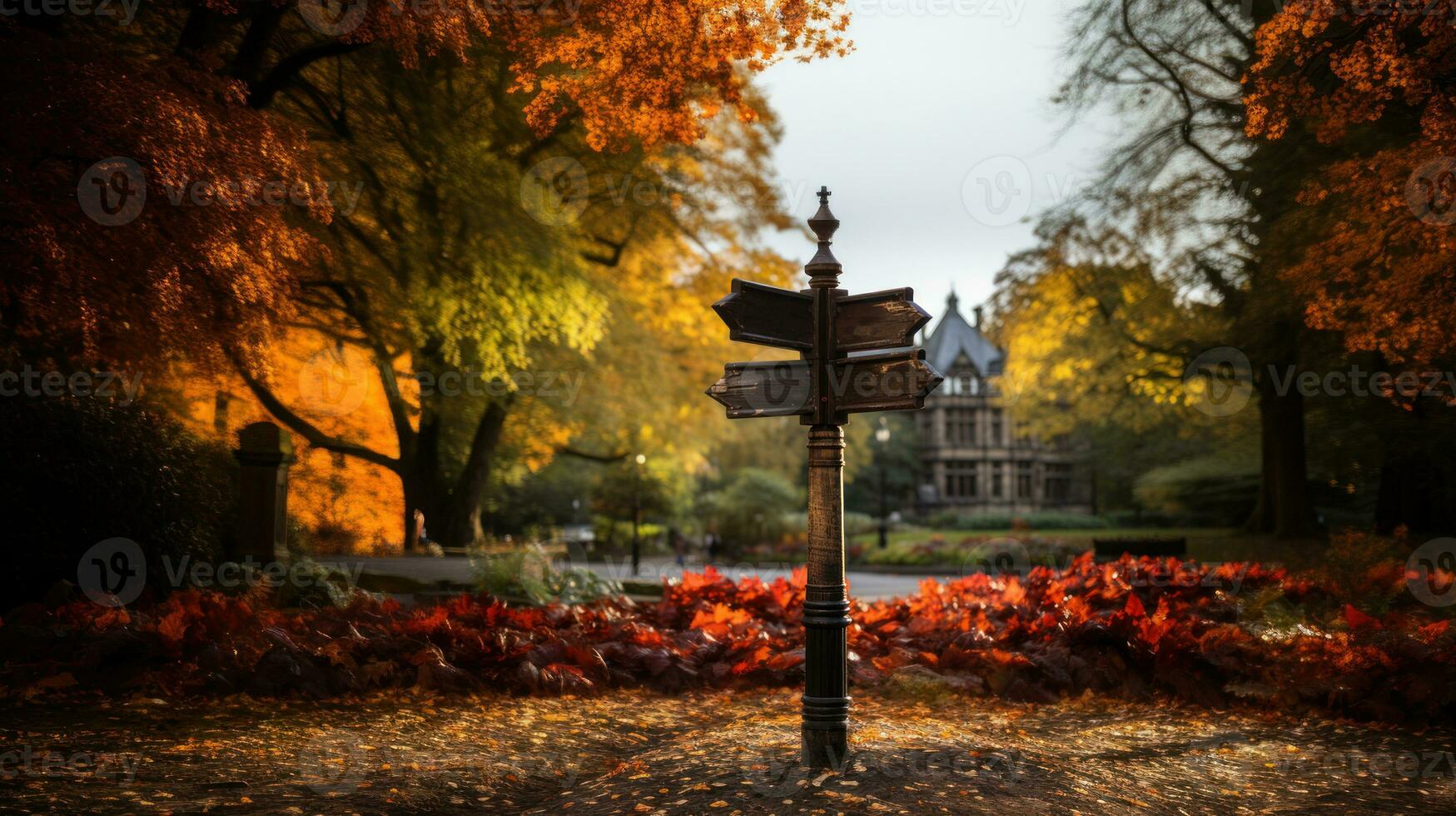 AI generated Crossroad signpost way, wooden arrow direction road signs in autumn park road. photo