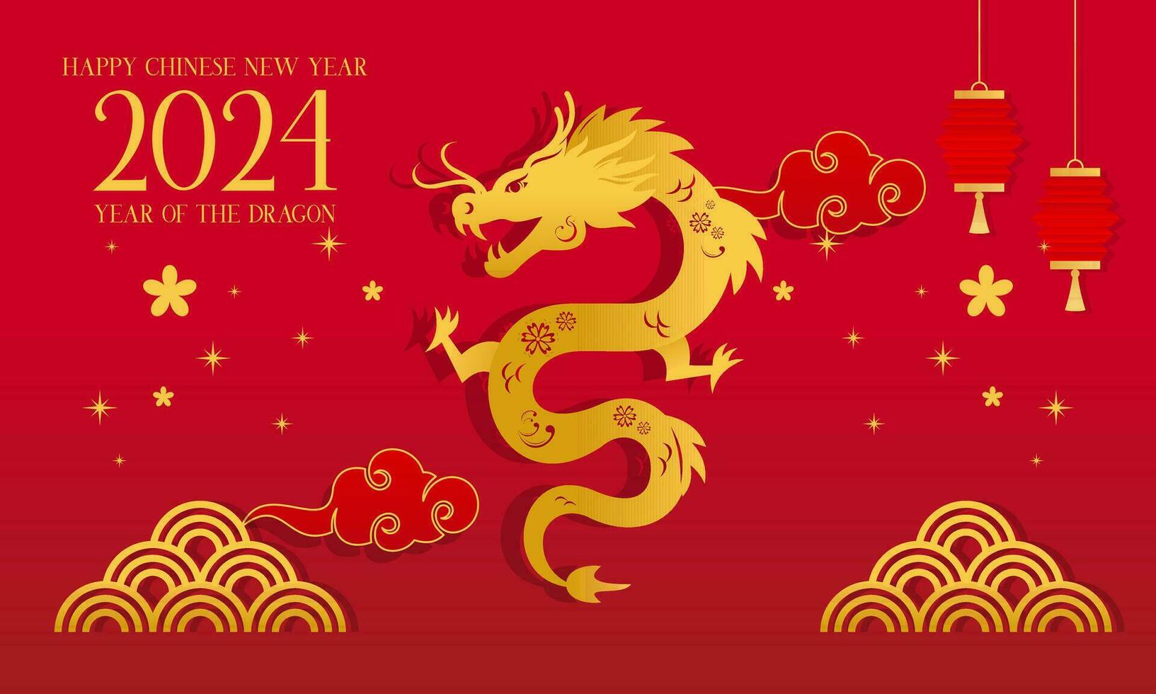Happy Lunar New Year Chinese New Year 2024 Year of the Dragon Zodiac with Chinese Dragon Gold on a Red Background vector