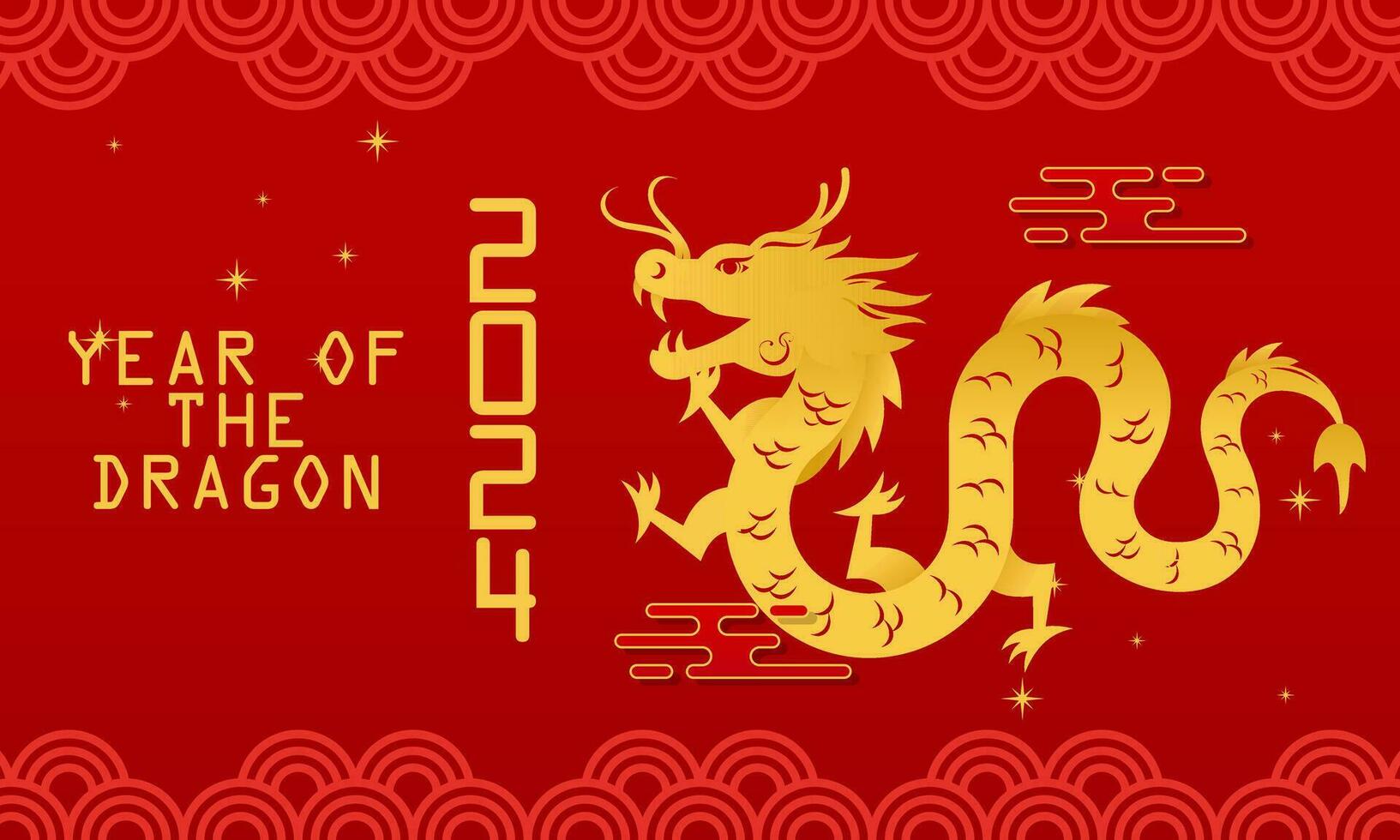 Happy Lunar New Year Chinese New Year 2024 Year of the Dragon Zodiac with Chinese Dragon Gold on a Red Background vector