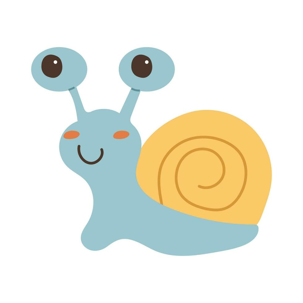 Funny smiling snail isolated on a white background. Cute smiling character for childish design. Flat vector illustration.