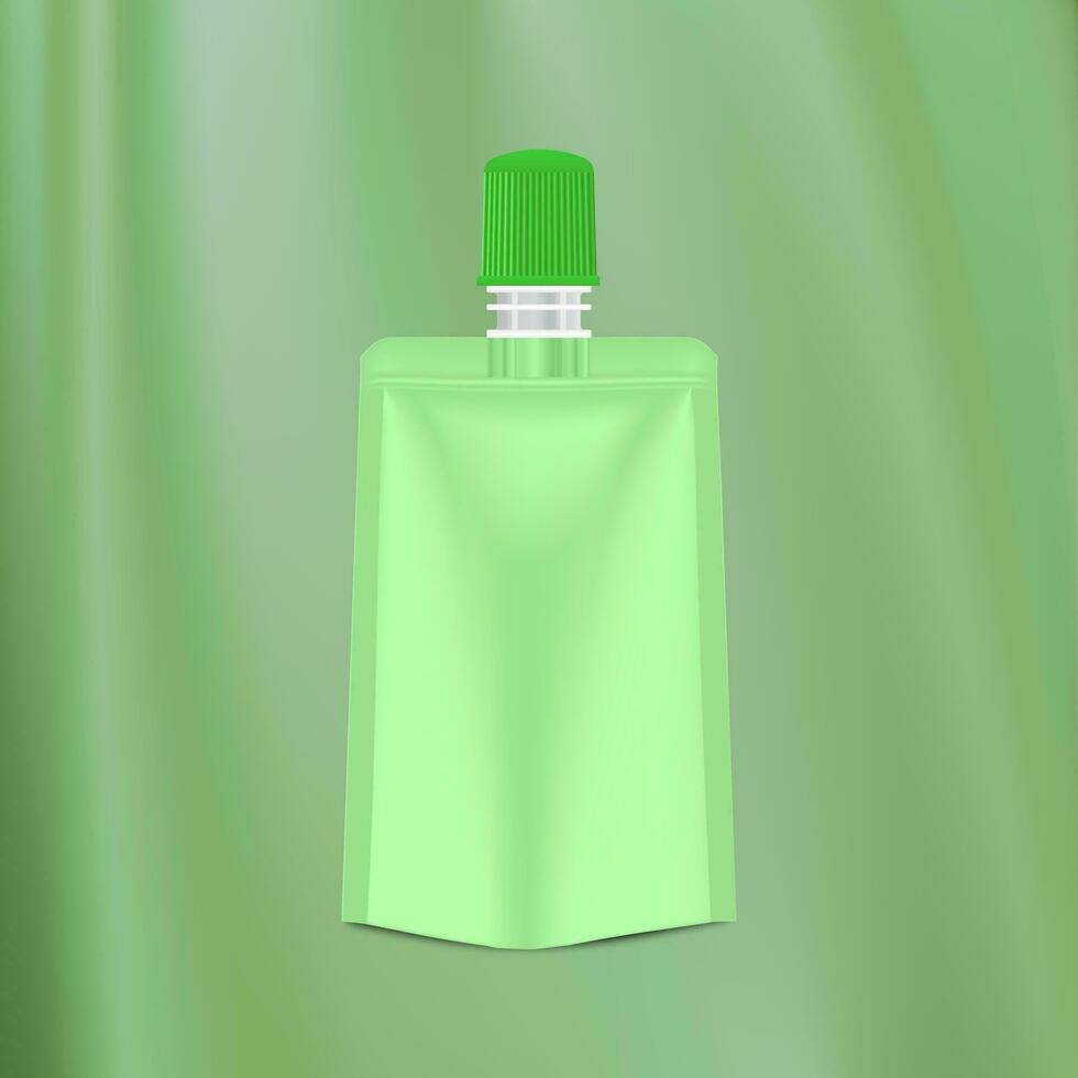 frustrar bolsita Bosquejo, el plastico bolsa blanco con cremallera frente ver en gris antecedentes. brillante verde paquete para modelo tu diseño, promoción, anuncio. té, azúcar, dulce, galleta. vector ilustración eps10.