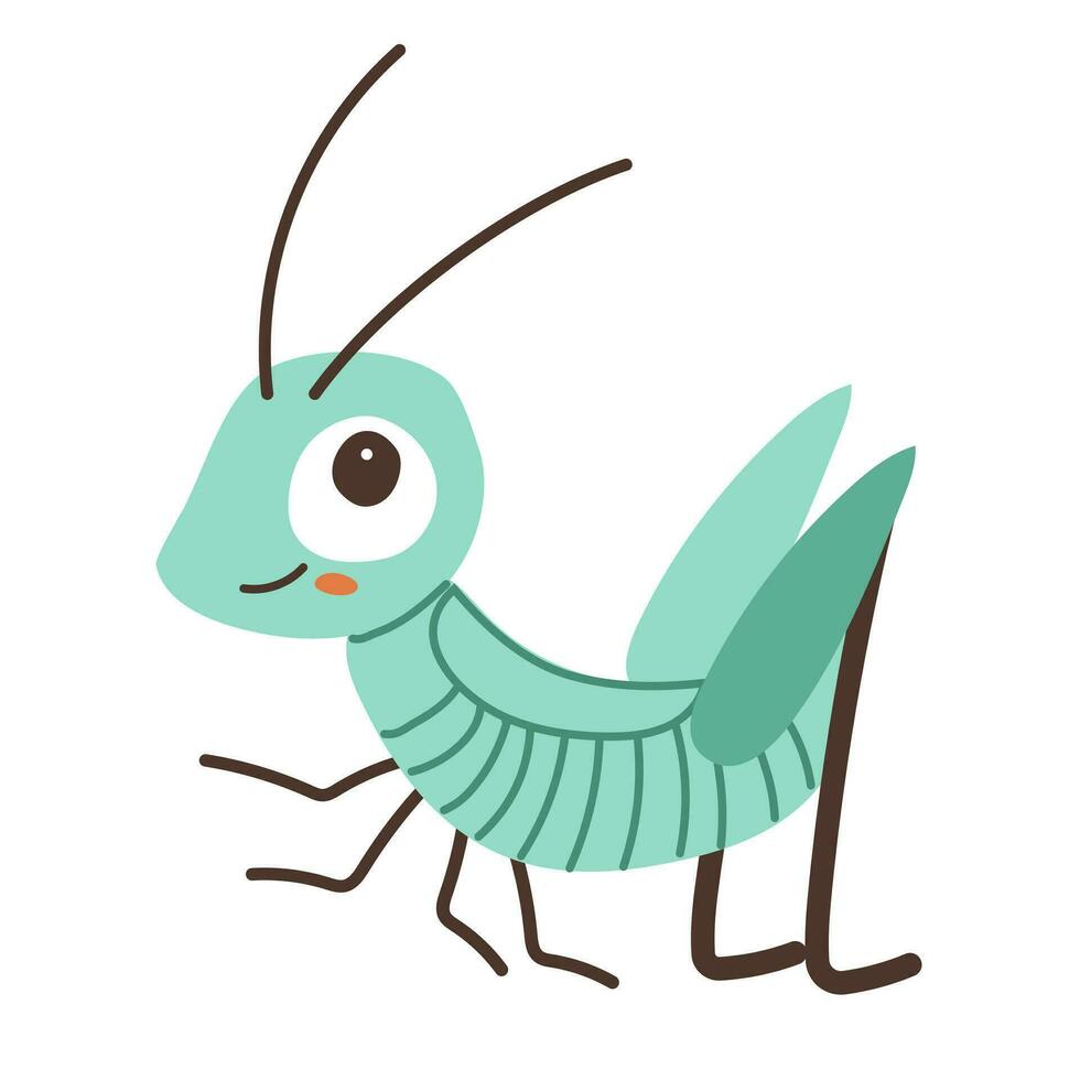 Cute cartoon green grasshopper on a white background. Cute character for childish design. Flat vector illustration.