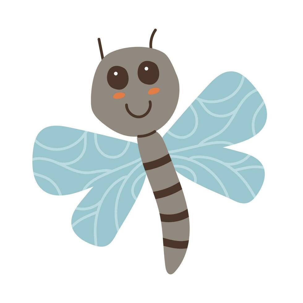 Cartoon dragonfly isolated on a white background. Cute smiling character for childish design. Flat vector illustration.