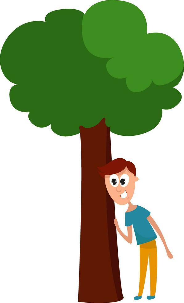 Hiding behind tree, illustration, vector on white background