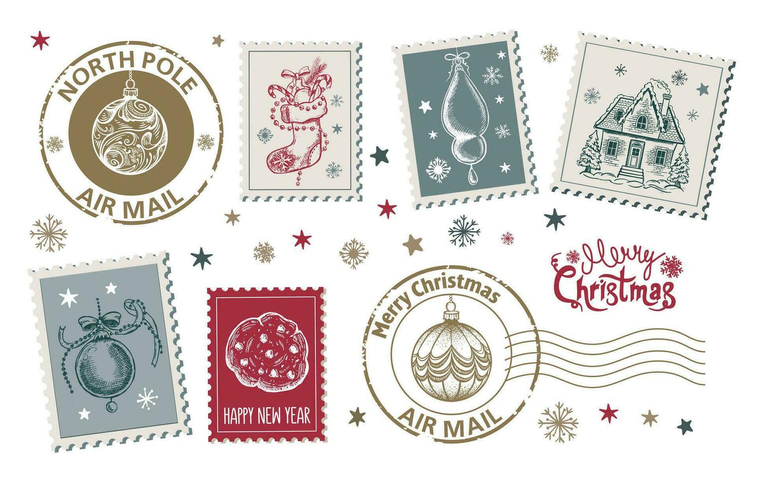 Christmas Stamps hand drawn set. Vector. vector