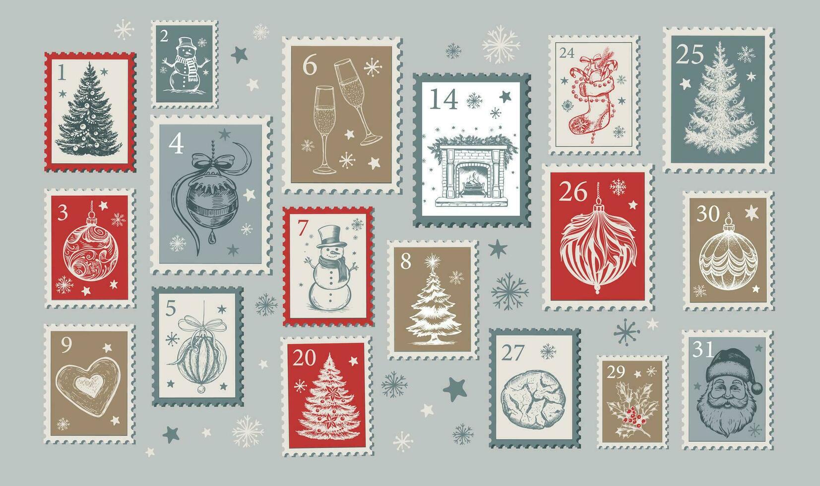 Advent calendar, Christmas Stamps, mail, postcard hand drawn illustrations. vector