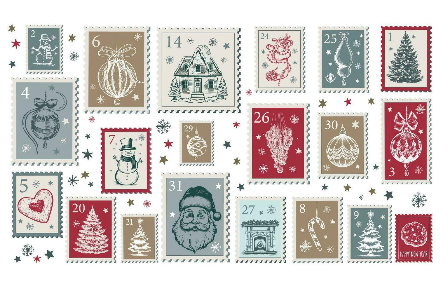 Advent calendar, Christmas Stamps, mail, postcard hand drawn illustrations. vector