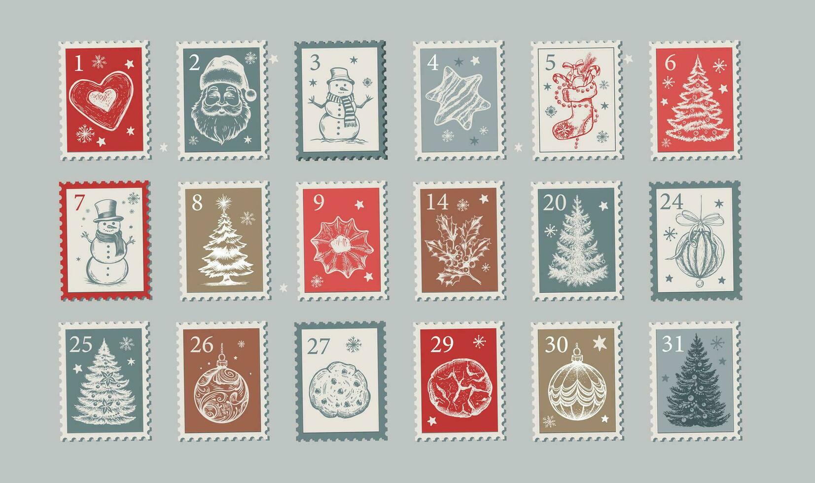 Advent calendar, Christmas Stamps, mail, postcard hand drawn illustrations. vector