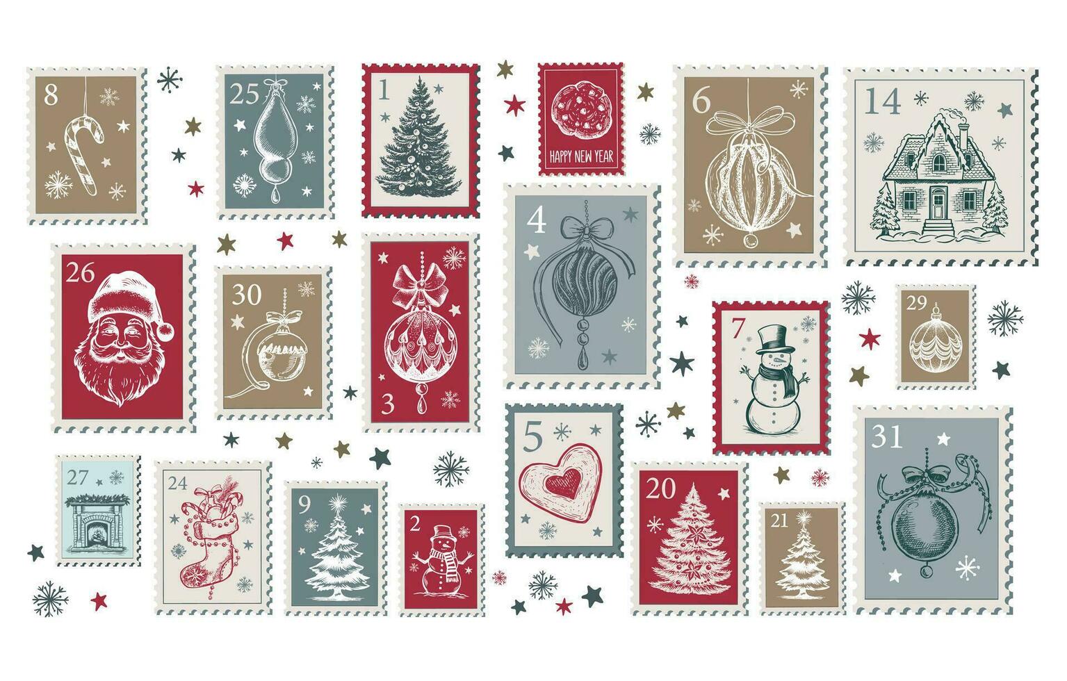 Advent calendar, Christmas Stamps, mail, postcard hand drawn illustrations. vector
