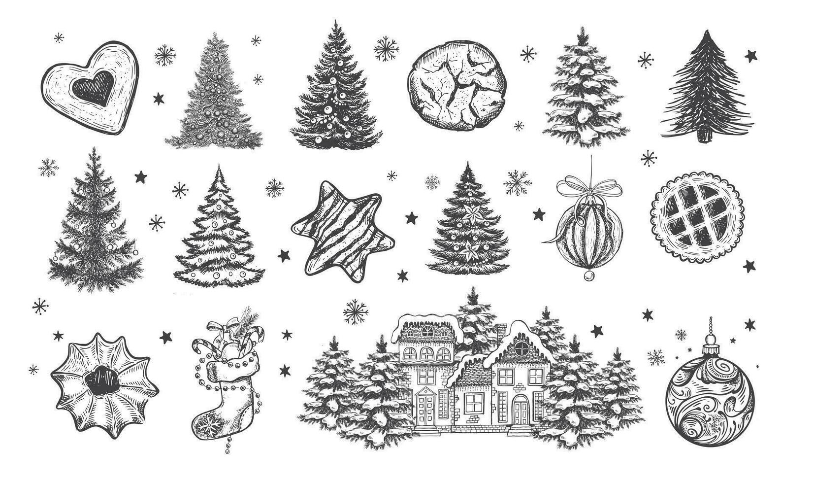 Christmas set in sketch style. Hand drawn illustration. vector