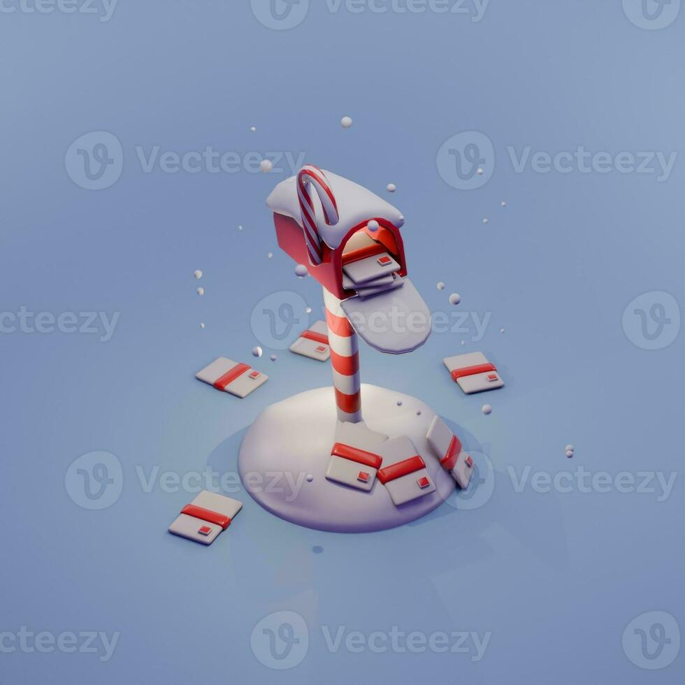 Cute 3d render Christmas mail box full of mails in snow background. photo