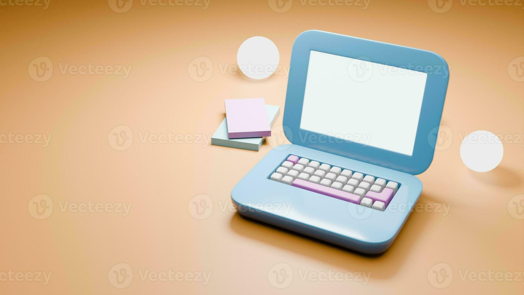 Cute 3d render of laptop and book on table background. photo