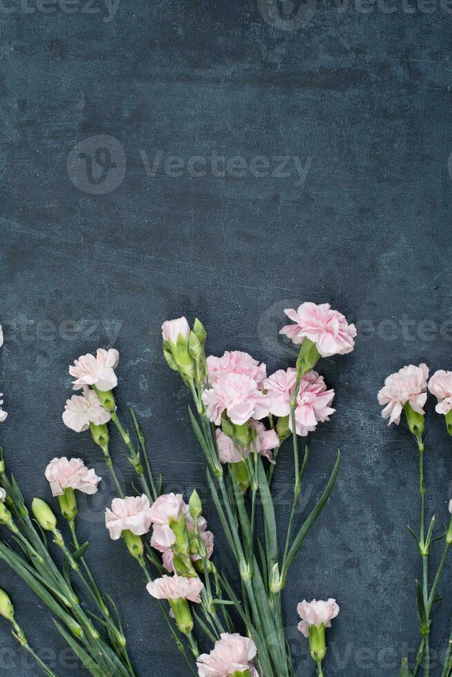 pink carnations on a dark background with a cup of red tea in a heart-shaped cup photo