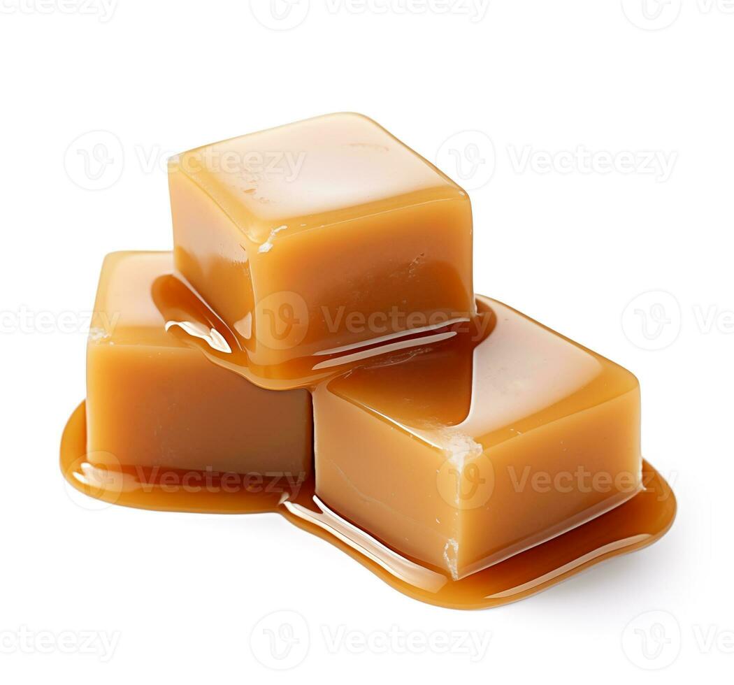 AI Generated Toffee candy and caramel sauce on white background photo