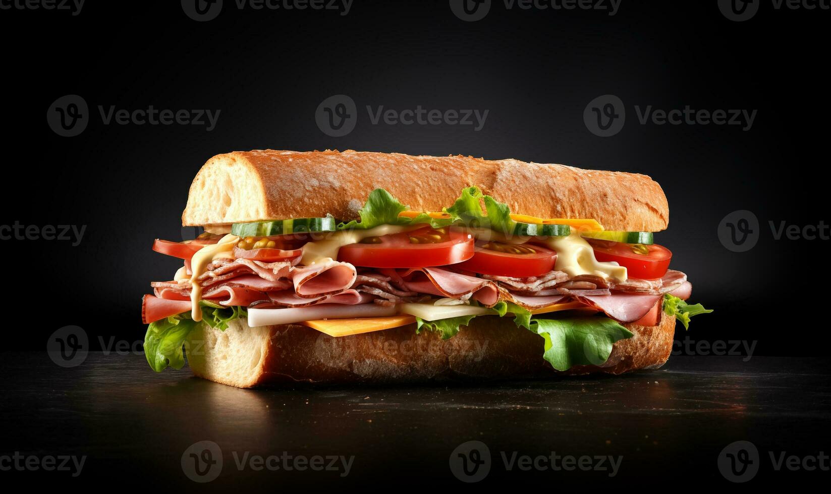 AI Generated Baguette sandwich on black background with copy space photo