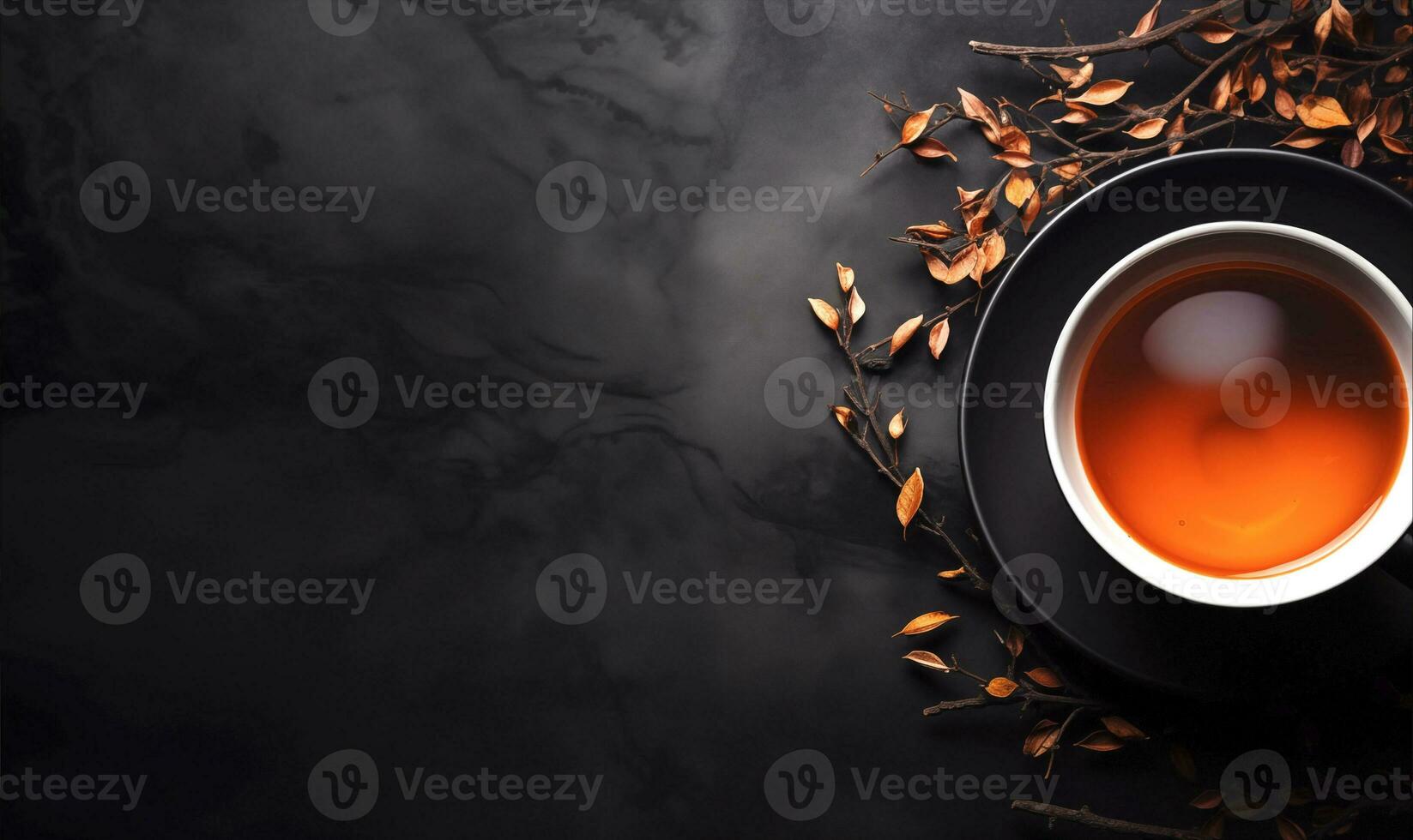 AI Generated Cup of tea on black background with copy space, top view photo