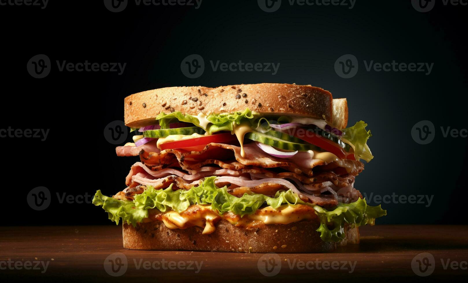 AI Generated Big sandwich on black background with copy space photo