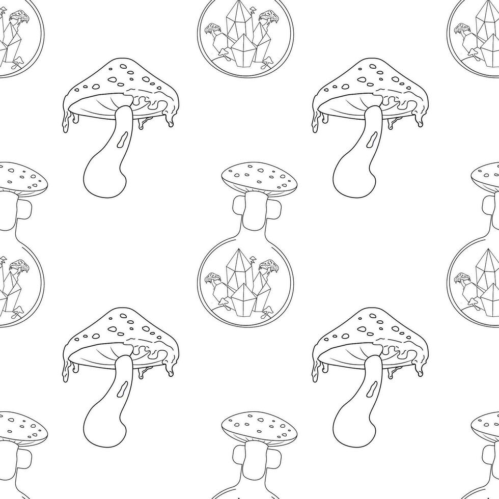 Seamless pattern, line art, fly mushroom, potion occultism magic vector