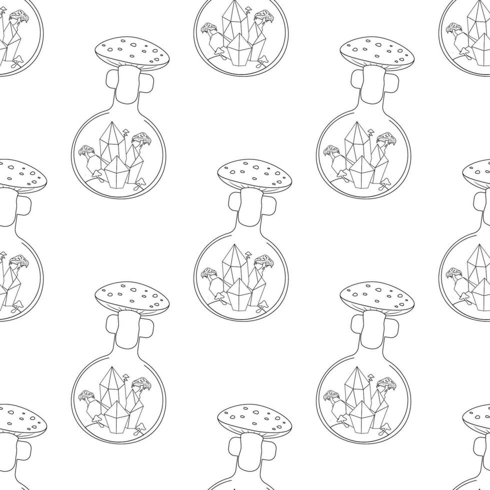 Seamless pattern, line art, fly mushroom, potion occultism magic vector