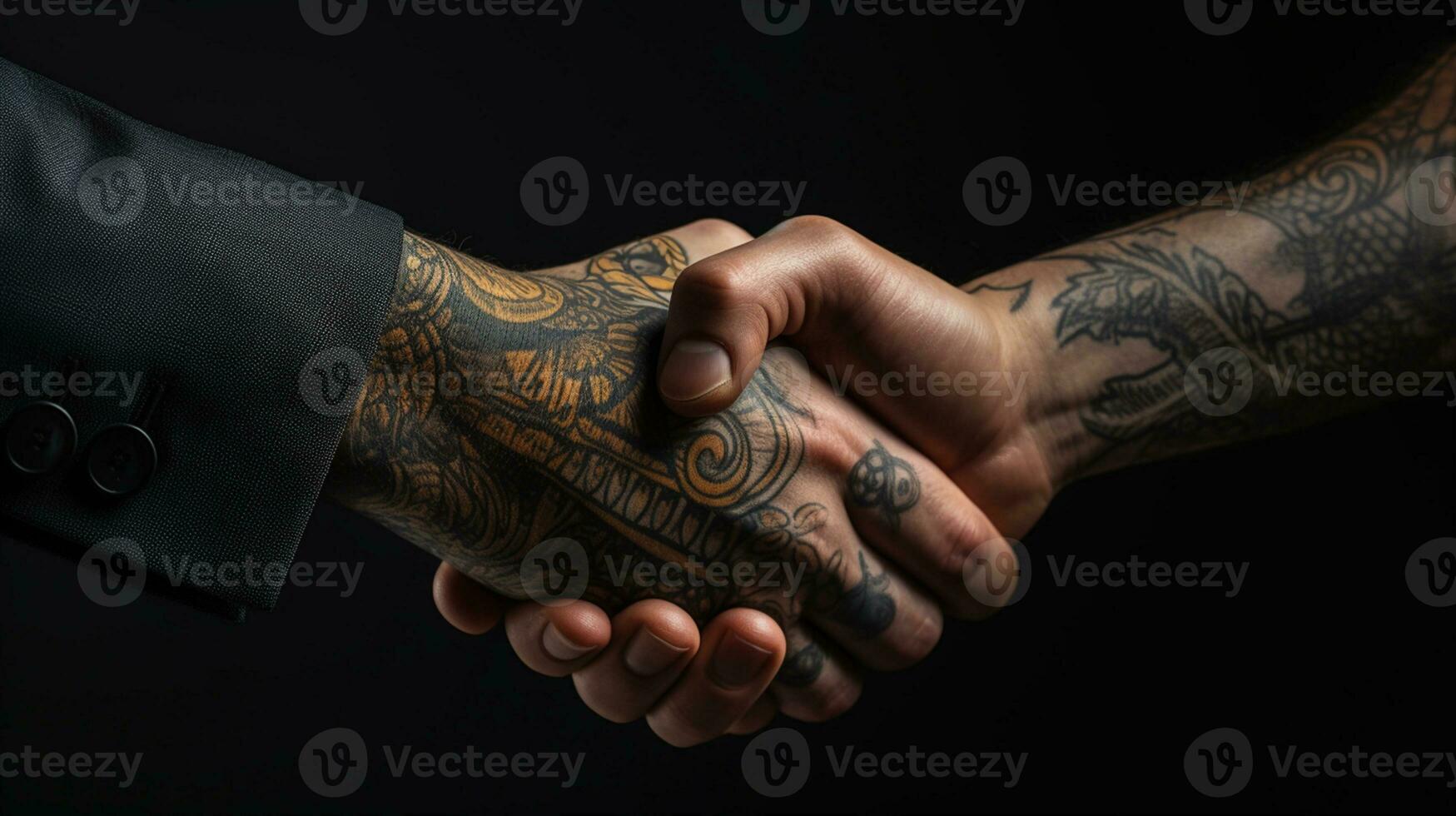 AI generated Tattoo Handshake two businessmen signifies successful agreement Black Background. Generative AI photo