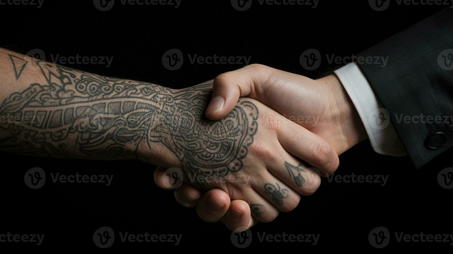 AI generated Tattoo Handshake two businessmen signifies successful agreement Black Background. Generative AI photo