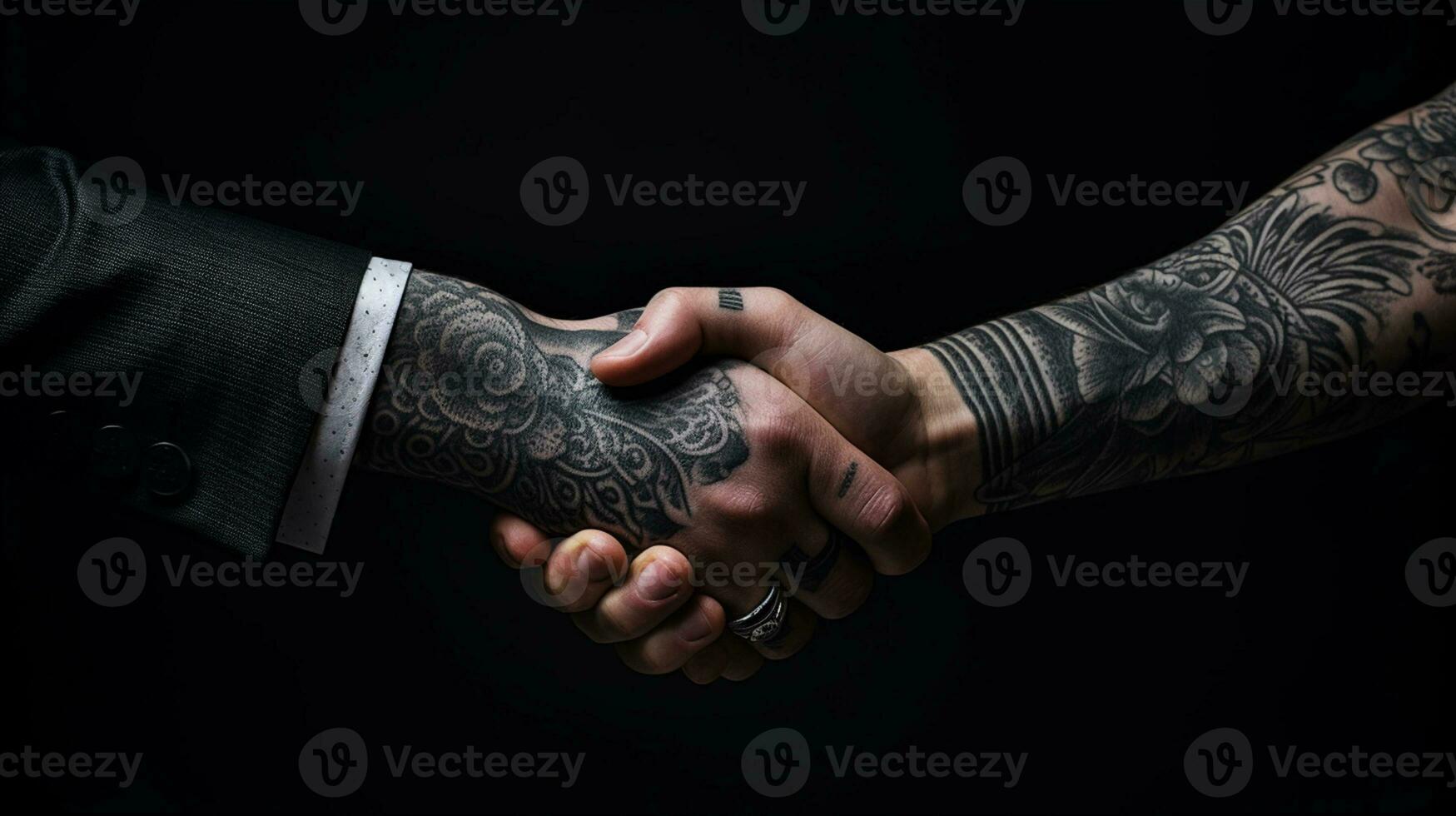 ai generado tatuaje apretón de manos dos empresarios significa exitoso acuerdo negro antecedentes. generativo ai foto