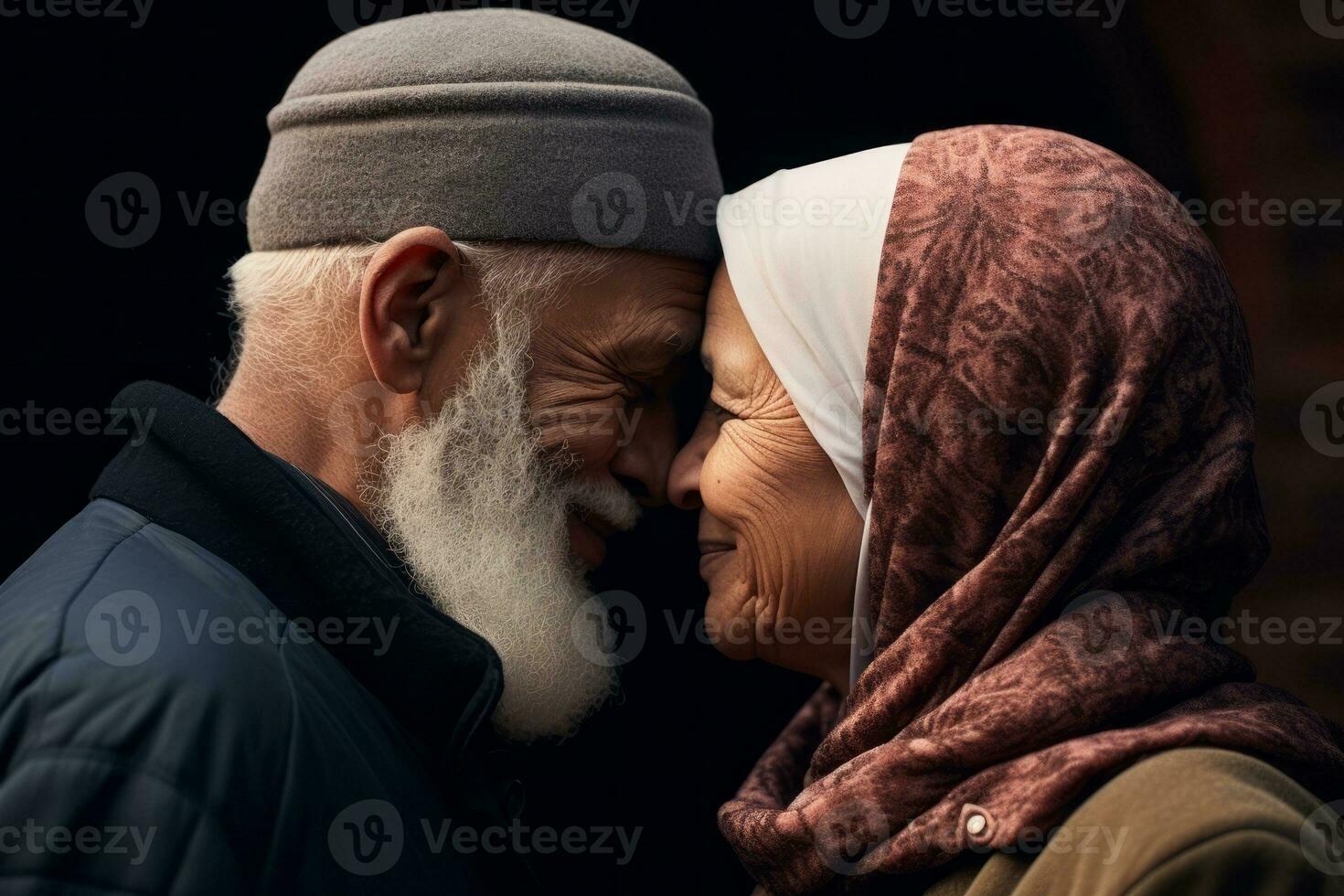 AI generated Muslim eldery couple. Elderly man kiss forehead a elderly woman. generative ai photo
