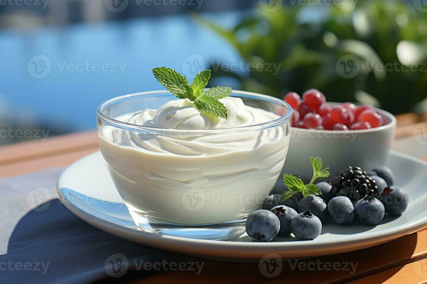 AI generated Yogurt drink in glass with berries and mint photo
