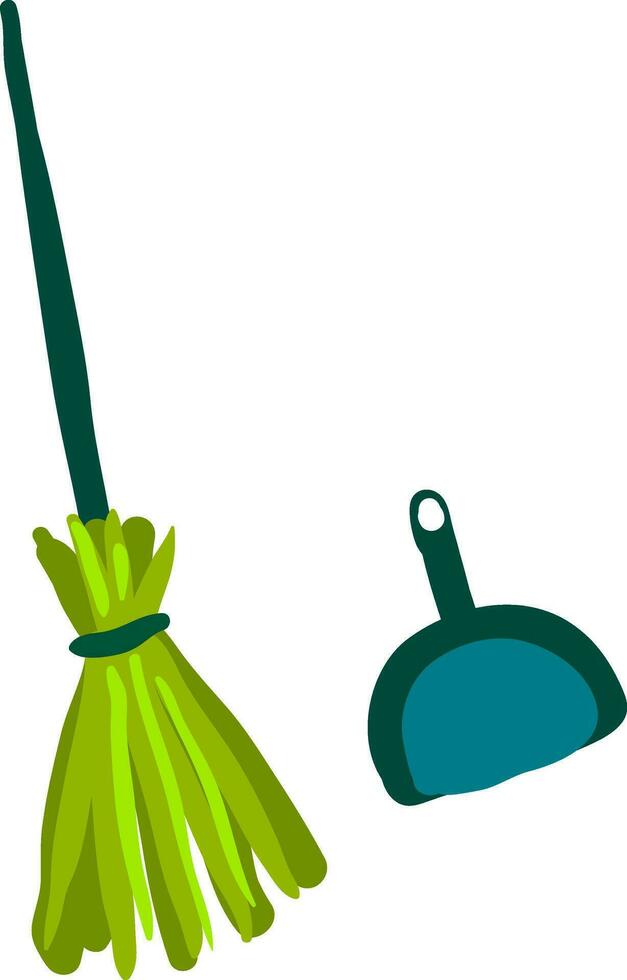 Broom and scoop, illustration, vector on white background.