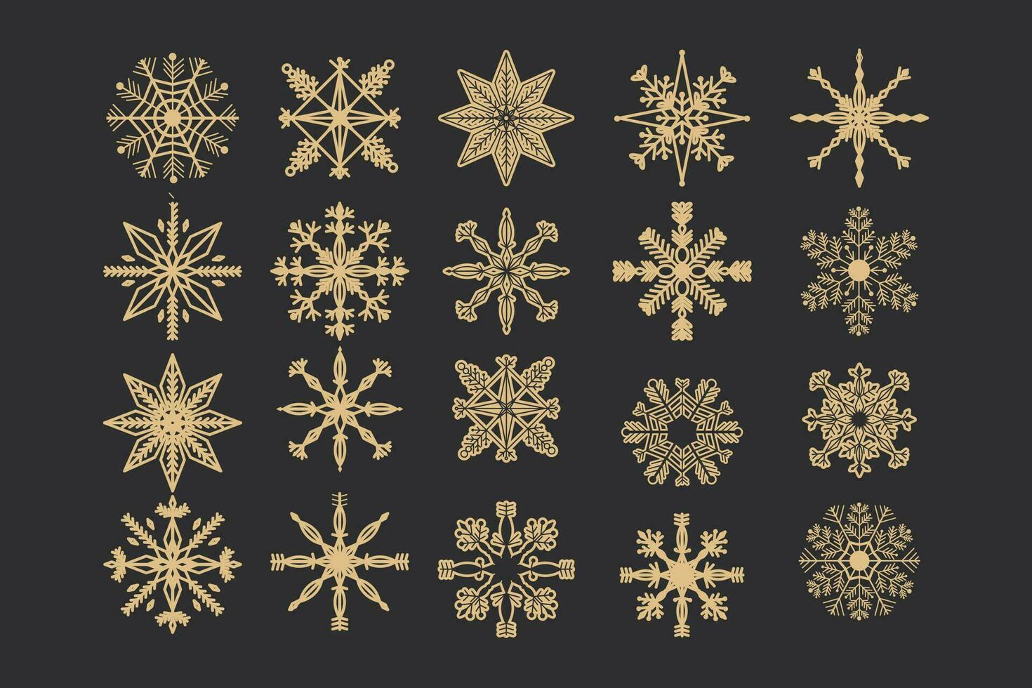 Set Golden snowflake crystal elegant line christmas decoration on dark background, collection winter ornament frozen element. Vector illustration